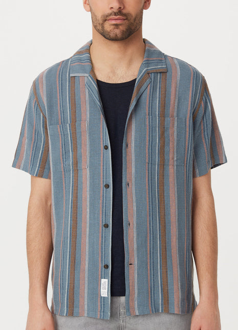 The Striped Camp Collar Shirt in Storm Blue