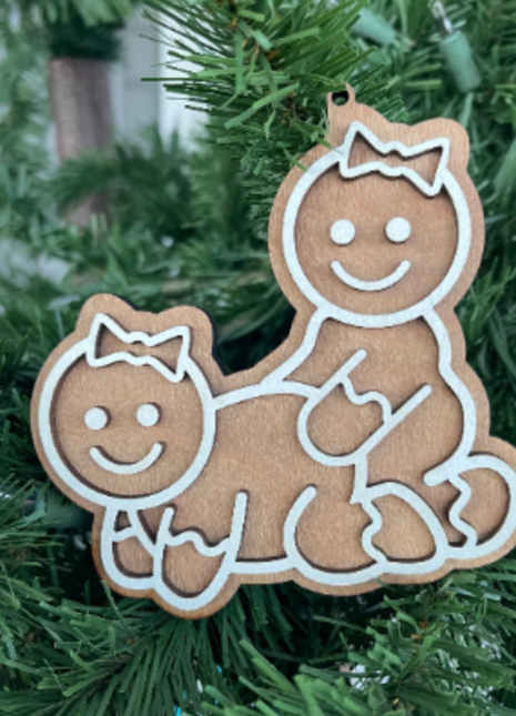 Mrs and Mrs Naughty Faux-Gingerbread Wooden Ornament