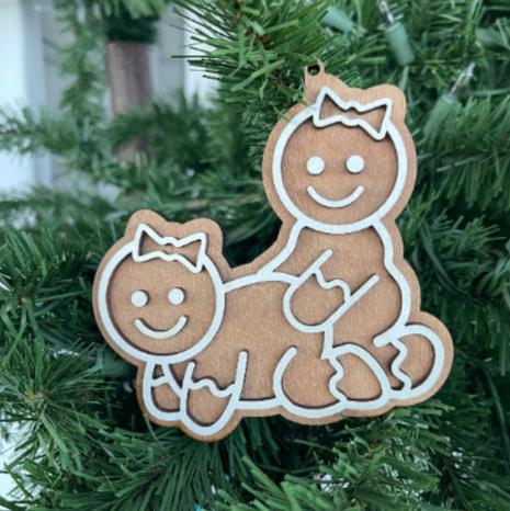 Mrs and Mrs Naughty Faux-Gingerbread Wooden Ornament
