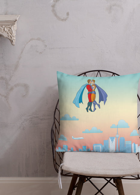 Superhero Kiss in Toronto Sky - Square Throw Pillow