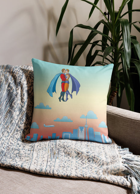 Superhero Kiss in Toronto Sky - Square Throw Pillow Case