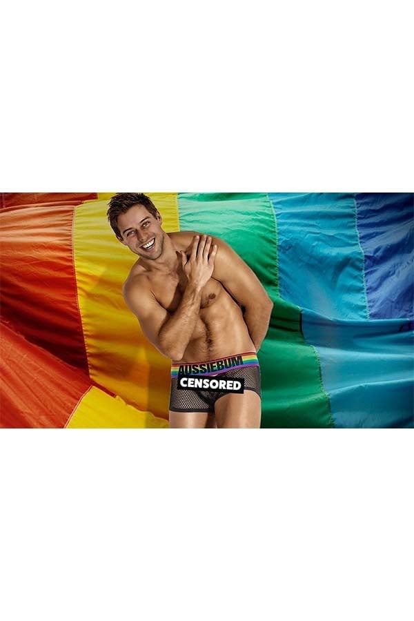 AUSSIEBUM MENS Pride Mesh 100% See Through Briefs M Black Rainbow LGBTQIA+  